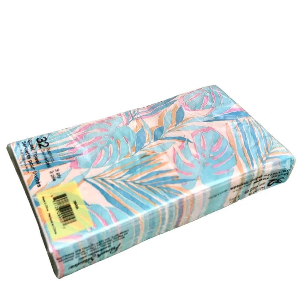 Punch Studio Blue / Pink Palm Fronds Guest Towel Dinner Napkins (29005), 32-ct
